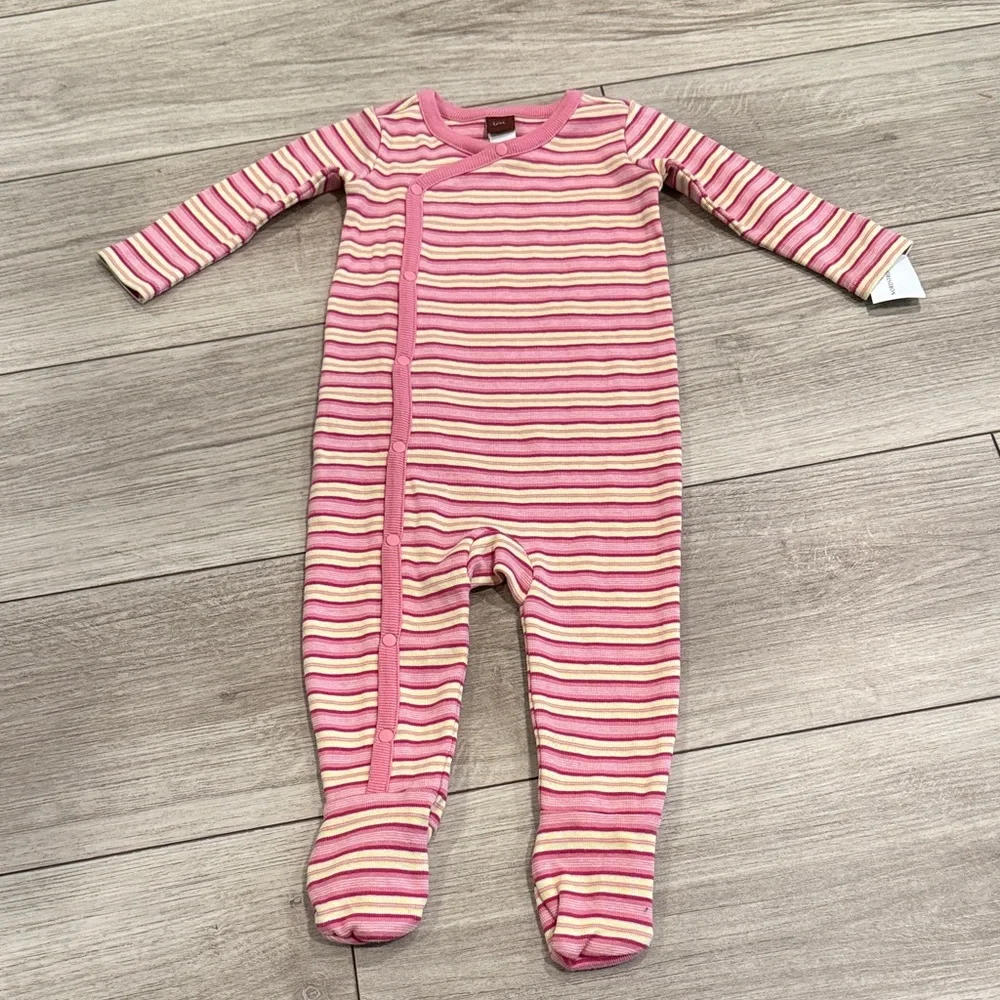 Tea Collection long-sleeve pink striped cotton kimono-style baby footie 3-6m NEW